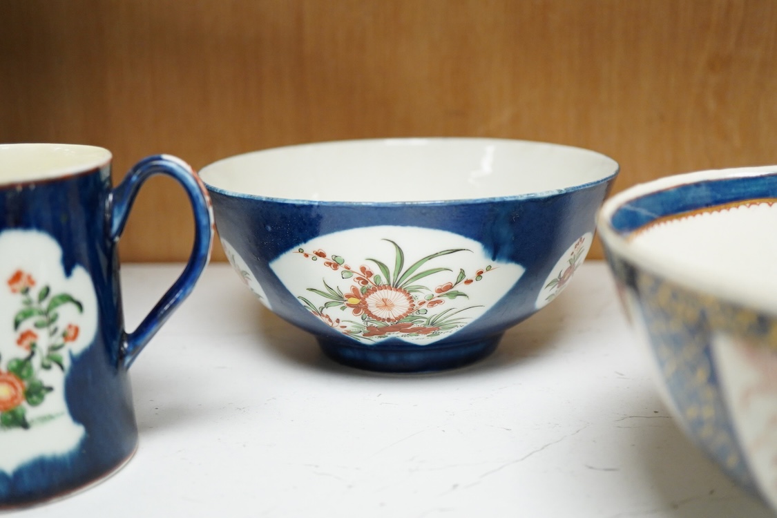 18th century Worcester kakiemon style porcelain comprising a tea caddy, mug and two slops bowls, largest 14cm high